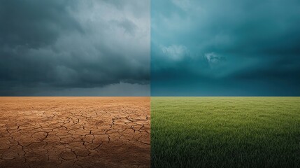 A split image contrasting a dry, cracked landscape with a lush, green field under stormy skies.