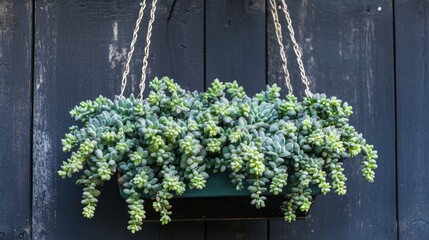 A cascading donkey tail succulent growing in a hanging basket, its lush green stems creating a dramatic and elegant display.