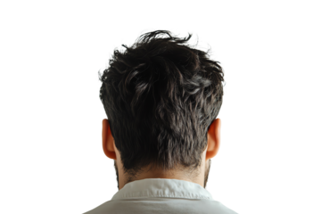 A close-up view of a man's head from the back, showcasing textured hair and a casual setting. Ideal for themes of introspection and identity.,Isolated on transparent background