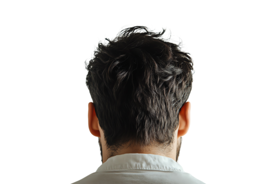 A close-up view of a man's head from the back, showcasing textured hair and a casual setting. Ideal for themes of introspection and identity.,Isolated on transparent background - Powered by Adobe