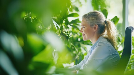 Green Office Oasis: A mature woman with a kind smile sits amongst lush greenery in a modern office space, radiating tranquility and a connection to nature.  