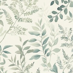 Elegant watercolor botanical pattern featuring eucalyptus and fern leaves in soft green blue hues
