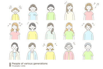 さまざまな世代の女性[笑顔]のゆるいイラスト(セット)
