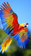 Fototapeta premium A vibrant parrot in mid-flight, showcasing its colorful feathers against a clear sky.