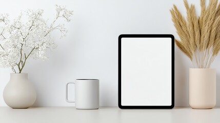 Minimalist home workspace with blank tablet screen, mug, and vases on a wooden table, decorated with white flowers and dried grasses.