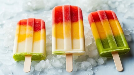 Delicious three-layered fruit popsicles on ice, perfect summer treat, refreshing dessert, vibrant colors, healthy snack.