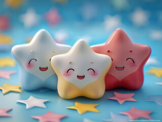 Three cartoon stars are smiling and sitting on a blue background