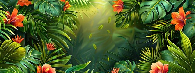 Lush green jungle with a lot of flowers and leaves