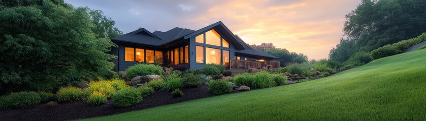 Charming suburban house with expansive green lawn and majestic tree spacious