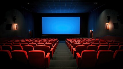 Obraz premium People in the cinema auditorium with Cinema blank wide screen and red chairs in the cinema hall,People silhouettes watching movie performance,empty white screen,space for text,copy space.