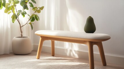 Scandinavian bench design with rounded wooden edges and a light, neutral color palette, styled in a cozy modern entryway