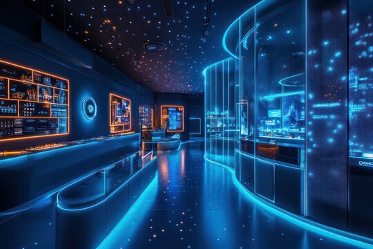 High-profile tech launch with futuristic displays, sleek decor, and immersive visual elements.