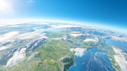 Breathtaking panoramic view of earth horizon and cloud formations from airplane window