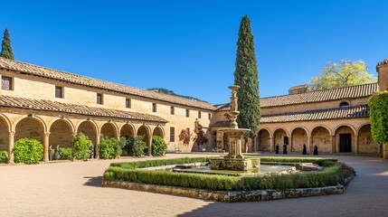 Obraz premium A sunny courtyard featuring stone architecture, a fountain, green foliage and people in black robes