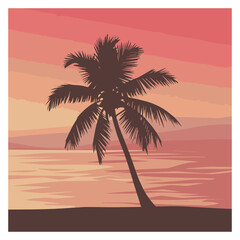 Silhouette of tropical sunset scene with palm trees and birds
