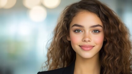 Obraz premium Stylish woman with flowing brown hair and black jacket fashion portrait