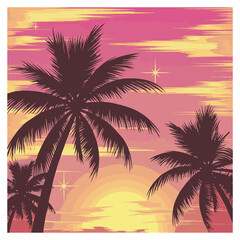 Silhouette of tropical sunset scene with palm trees and birds
