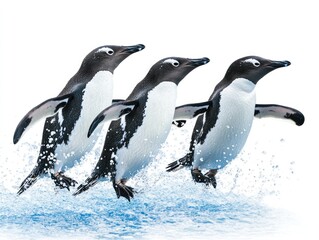 Obraz premium Three penguins jumping out of water, creating splashes.