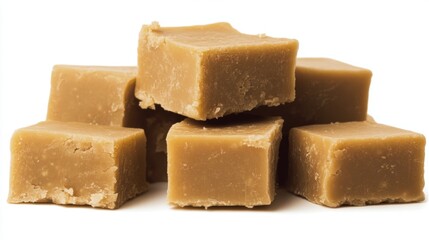Delicious Caramel Cream Candy Cube Stacked Isolated on White Background