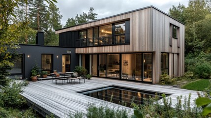 Obraz premium Scandinavian-inspired house with wooden duck details, incorporating light wood finishes, minimalist architecture, and tasteful wooden duck decor to enhance the Nordic aesthetic