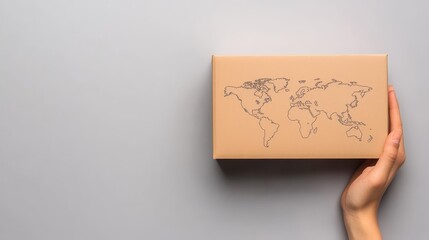 Obraz premium Hand holding cardboard box displaying world map global shipping and delivery concept