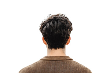 Fototapeta premium A man with stylish hair, viewed from behind, wearing a brown sweater. The image captures a sense of contemplation and introspection in a modern setting.,Isolated on transparent background