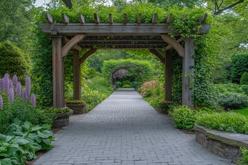 Naklejka premium Wooden pergola covering brick path in lush garden
