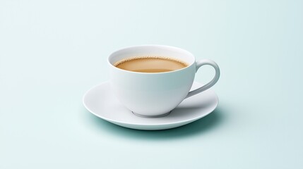Obraz premium A white coffee cup filled with coffee on a saucer against a light background.