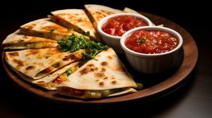 A photo of a cheesy quesadilla with salsa.