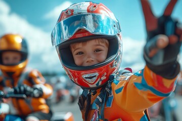 Young boy wearing helmet and racing suit making victory sign