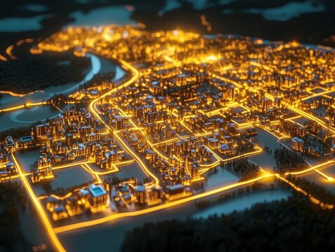 A glowing energy map overlays a tranquil rural town, showcasing a unique blend of technology and nature in this captivating image. - Powered by Adobe