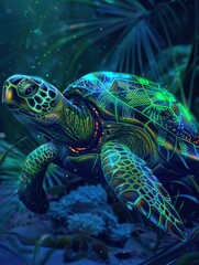 Fototapeta premium Glowing Neon Sea Turtles with Intricate Patterns in a Fantasy Ocean