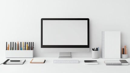 Fototapeta premium Modern minimalist workspace with desktop computer, organized stationery, and clean white background for productivity and focus.