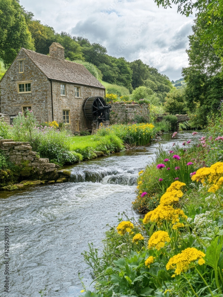Poster beautiful countryside with a quaint mill near a gently flowing stream and colorful wildflowers in th