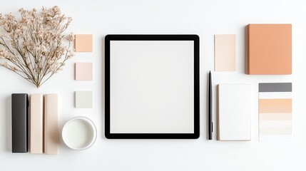 Minimalist workspace with tablet, notebooks, and neutral decor on white background for creative inspiration and productivity.