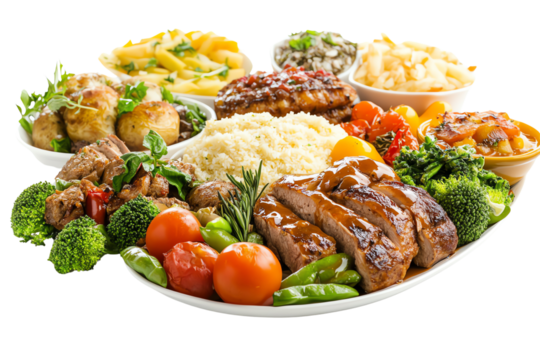 A vibrant and appetizing spread of various dishes, showcasing grilled meats, vegetables, rice, and side options artfully arranged on a plate.,Isolated on transparent background
