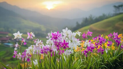 Obraz premium Exotic wild orchids in various colors thriving in their natural habitat deep in Thailand's countryside.