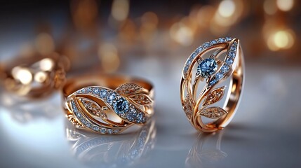 Naklejka premium Elegant Rose Gold and Blue Diamond Ring: Exquisite Jewelry Design