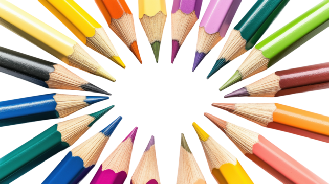 Colorful pencils arranged in a circular pattern transparent background isolated png