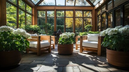 Fototapeta premium Hydrangea seedlings in neatly aligned pots thriving in the sunlit interior of a modern family-owned greenhouse.