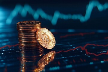 Gold bitcoin cryptocurrency coins stacked on a computer screen showing a financial chart, representing investment, trading, and the volatile nature of digital currencies