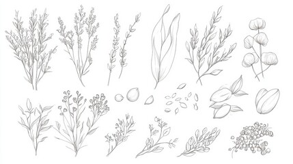 Fototapeta premium Botanical Bliss: Hand-Drawn Garden Seeds Collection on White Background