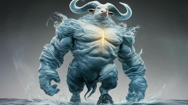 a towering water figure radiating strength and stability, with a robust torso and arms sculpted from powerful, rippling currents. two massive, icy horns curve upward, glinting like frosted spires. its