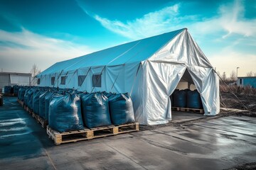 Double exposure of a white tent with black bags at a military base against a blue sky background