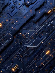 Blue and orange computer chip design with a lot of small squares and dots