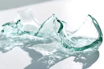 Broken glass shards reflecting light on a white surface create a striking abstract composition, featuring sharp edges juxtaposed with smooth curves, highlighting fragility and beauty