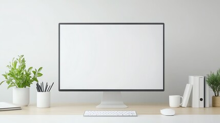Minimalist home office workspace with modern computer monitor, plants, and stationery on a wooden desk against a white wall.