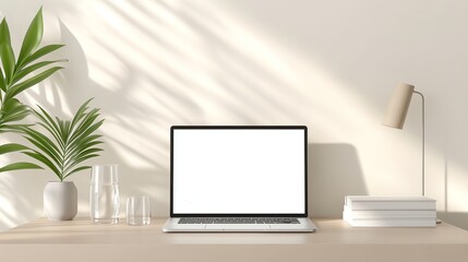 Minimalist workspace with laptop and plant. Sunlit desk setup for productivity and inspiration in a modern home office.