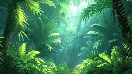 Obraz premium Lush green jungle with a bright sun shining through the trees