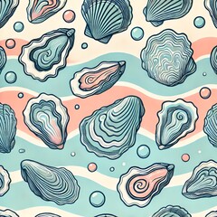 Fototapeta premium An illustration of oysters centered on a pastel background with an ocean wave pattern